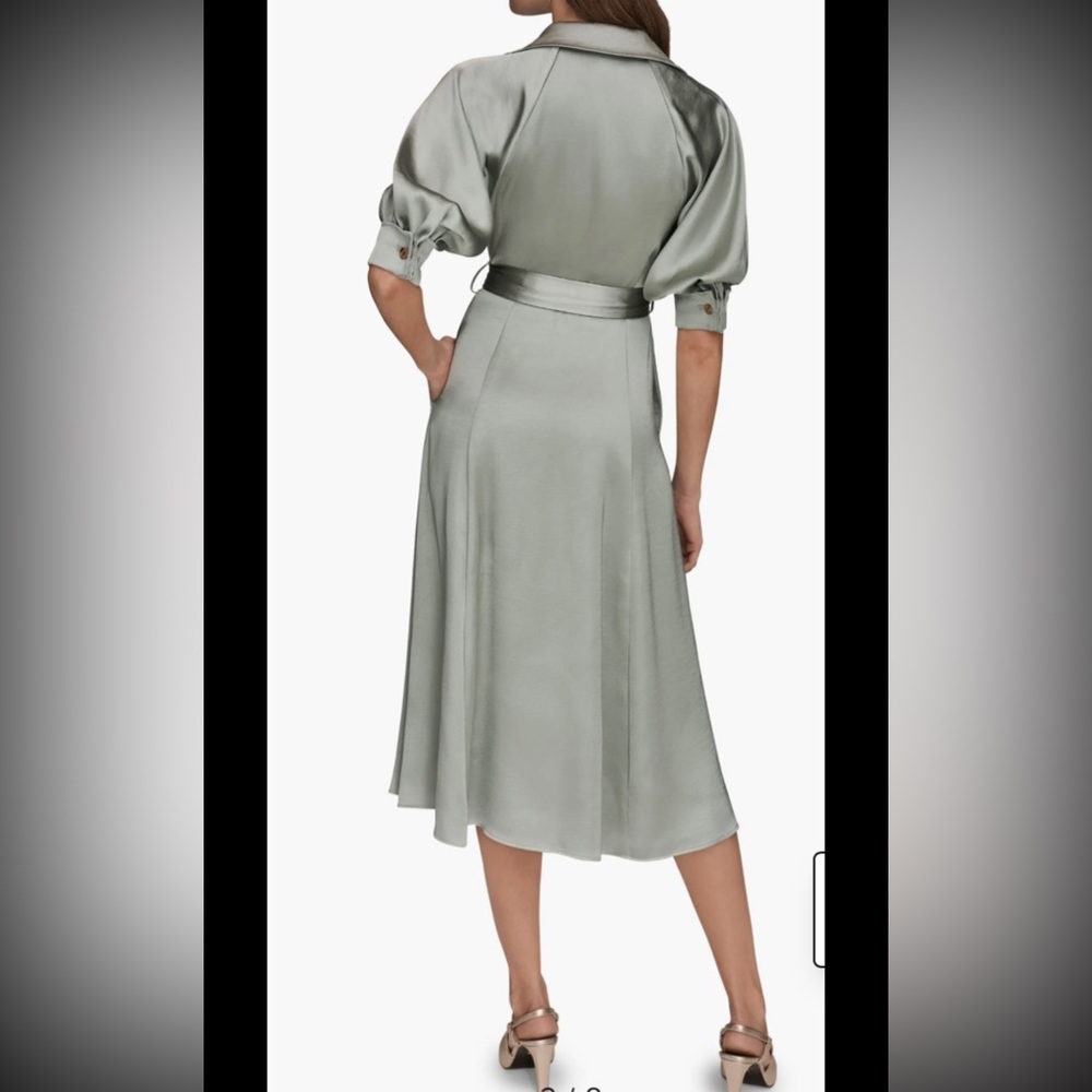Donna Karan Satin Midi,belted Shirt Dress, Sz 10,New , Weathered Sage - Picture 2 of 11